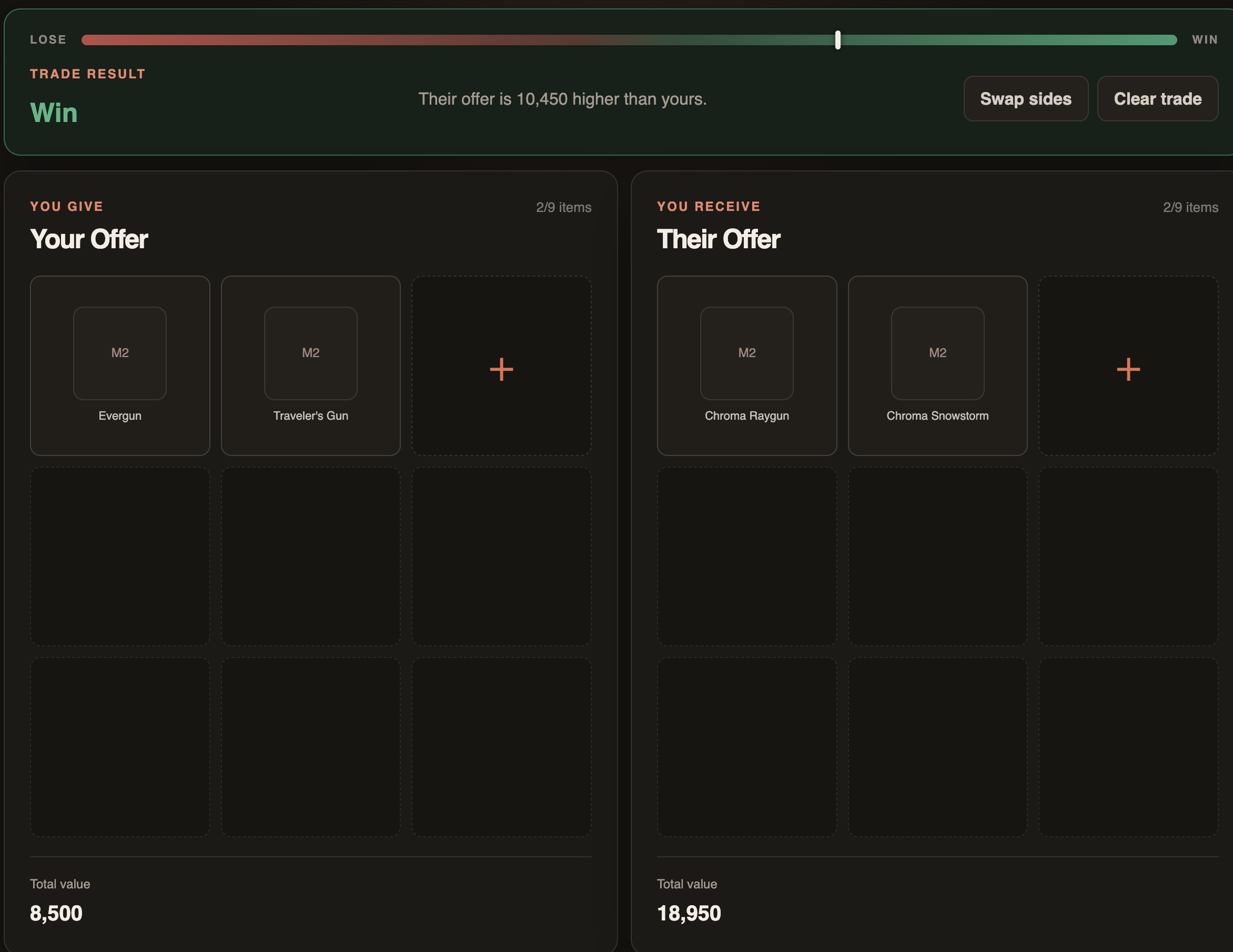 MM2 Calculator homepage showing items added to both sides of a trade and the trade result